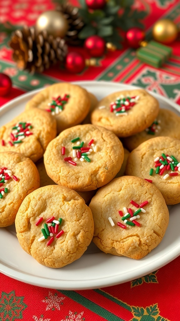 Easy 4-Ingredient Christmas Cookies A plate of golden brown Christmas cookies topped with sprinkles on a festive tablecloth.